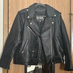 #HWK Black Genuine Leather Insulted Belted Biker Moto Jacket Women's XL